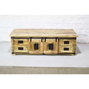 Meuble TV moderne en bois de manguier massif de style industriel Porte en fer convertible extensible à plusieurs tiroirs pour le salon de la maison - Product Image 3