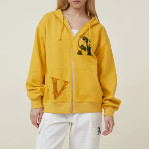 Nouveau à la mode femmes solide noir fermeture éclair à capuche contraste Zip personnalisé broderie patchs coupe ample avant personnalisation automne - Product Image 5