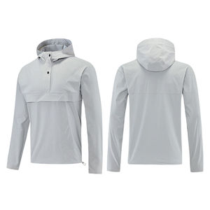 Haute qualité hommes demi-fermeture éclair tissé Plaid Polyester/coton respirant à la mode extérieur à capuche délavé plaine teint hiver - Product Image 4