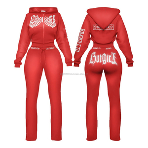 Conjunto de Sudadera y Pantalones Deportivos con Estampado de Apliques Personalizados, Lavado Ácido, con Cremallera, Pantalones Capri, Conjunto Deportivo Rosa - Product Image 6