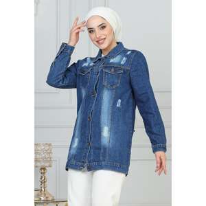 Veste en jean bleu foncé boutonnée MSW6096-1, longueur longue - Product Image 1
