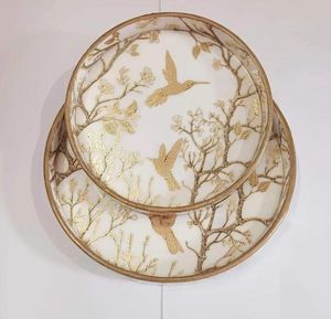 Antiguo decorativo oro esmalte impreso pájaro madera decoración servir bandeja conjunto para el hogar Hotel restaurante para Ramadán bandeja decorativa - Product Image 1