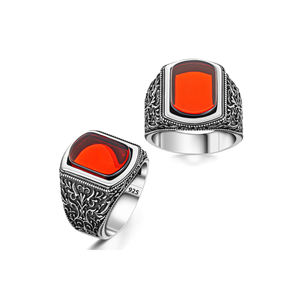 Anello da uomo in argento sterling 925 con motivo in pietra di agata rossa - Product Image 3