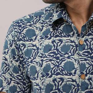 Men's Casual Blue Floral Cotton <b>Shirt</b> Regular Fit Mandarin Collar Breathable Poplin Fabric Size XL for Autumn Winter Season - Product Image 6