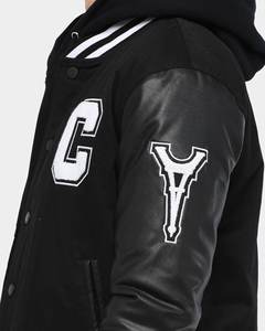 <b>Black</b> Casual Baseball Jacket Hood Windproof Breathable Winter Sport Letterman Button Leather Jacket with Chenille Embroidery - Product Image 6