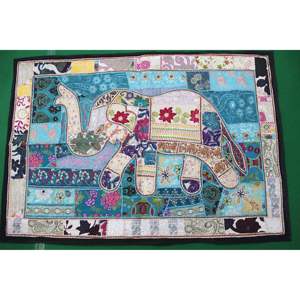 Indian Bohemian Embroidered Elephant Tapestry Blue <b>White</b> Wall <b>Hanging</b> for Decor Boho Style Mandala Fabric for Halloween Decor - Product Image 1