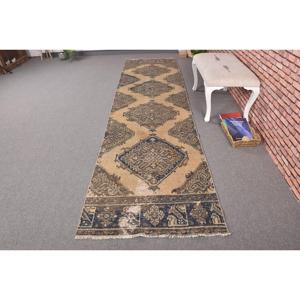 Turkish Vintage Rug, Runner 3x11.9 ft (92x362 cm) Rug, <b>Brown</b> Floral <b>Wool</b> Rug - Product Image 1