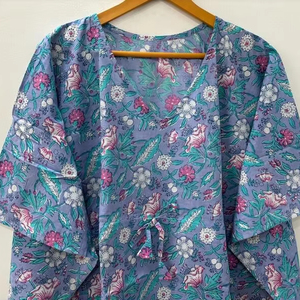 Bleu ciel Floral bloc imprimé Caftan longue courte coton robe de nuit Bikini couverture pour femmes parole longueur Maxi robe lavable décontracté - Product Image 1