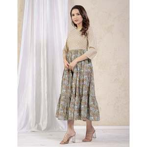 Vestido Anarkali de Algodón Verde Estampado, Estilo Americano - Product Image 4