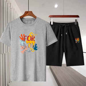 Conjunto de camiseta y pantalones cortos personalizados, transpirables, cómodos, 100% algodón, teñido liso, conjuntos de camiseta y pantalones cortos de 2 piezas para hombre - Product Image 4