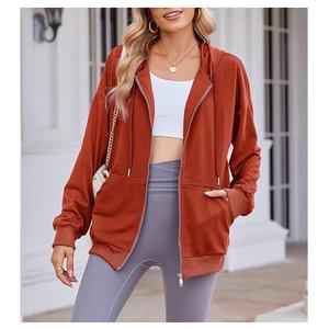 Nueva colección para mujer 100% algodón manga larga cuello redondo hombro pendiente Color sólido cómodo Casual Zip Hoodie mejor precio - Product Image 4
