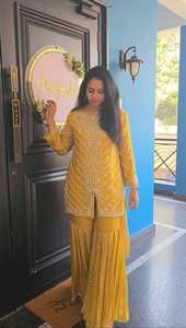 Salwar Kameez pakistanais moutarde jaune, kameez long de mariage pakistanais avec pantalon Palazzo, robe de fiançailles Nikkah Mehndi - Product Image 2