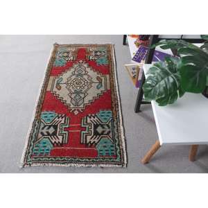 Alfombra Vintage de 1.7x3.2 pies, Alfombra Turca Pequeña, Alfombra con Estampado Animal Rojo y Azul - Product Image 4