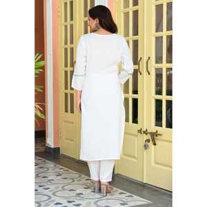 White & Seafoam Women's Set Hand Painted <b>Mirror</b> Work Muslin Kurta with Trousers & Organza Dupatta - Product Image 5