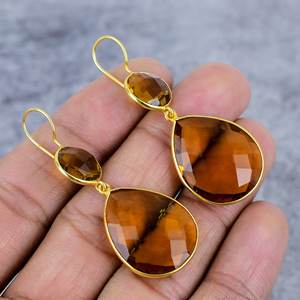 925ต่างหูเงินสเตอร์ลิงสไตล์โบฮีเมียนเป็นลวดซิทรินสีทองประดับพลอยรูปลูกแพร์ชุบทองของขวัญทันสมัยสำหรับปาร์ตี้ - Product Image 1