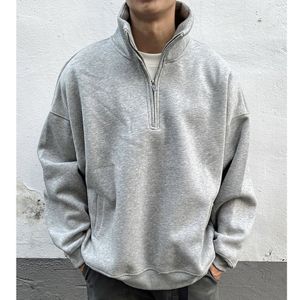 100% coton polaire pull col montant haute qualité demi-fermeture éclair sweat strass conception goutte épaule surdimensionné pour hommes hiver - Product Image 6