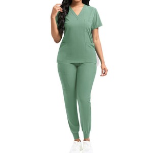 Conjunto de Uniforme Médico de Estilo Básico, Blusa de Algodón y Poliéster con Cuello Redondo, Pantalones con Cintura Elástica, Tela Tejida, Ropa de Trabajo Resistente - Product Image 1