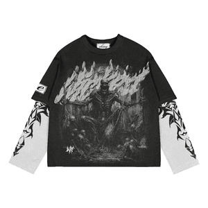 Sweat-shirt basique à manches deux pièces pour hommes en pur coton 350 g/m² T-shirt solide à double couche longue durée Col à bord ample - Product Image 6