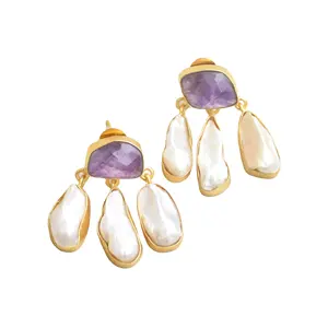 Amethyst with Natural Pearl Drop Earrings Designer Fashion Jewelry Manufacturers and Wholesale Gemstone Jewelry Indian Sellers