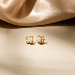 14k Gold <b>Diamond</b> <b>Pearl</b> Bloom Hoop <b>Earrings</b> for Women Religious Engagement Gift - Product Image 1