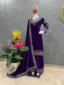 Lancement du nouveau haut Dupatta de vêtements de soirée de créateur et du bas entièrement cousu en velours avec broderie lourde avec manches complètes - Product Image 5