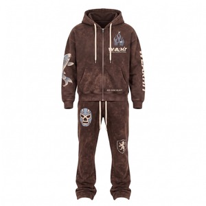 Chándal unisex de forro polar grueso con estampado DTG, pedrería y lavado ácido, sudadera con capucha con cremallera y pantalones de chándal acampanados, 420 GSM, transpirable y lavado. - Product Image 1