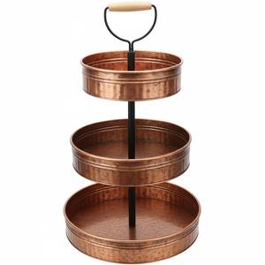 Best Selling 3-Tier Antique Copper Iron Metal Serving Tray Stand With <b>Wooden</b> Handle <b>And</b> <b>Black</b> Poll In Center Round Shape - Product Image 1