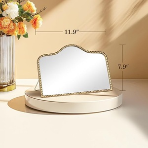 Vintage Desk Makeup Mirror Antique Gold Vanity Table Metal <b>Framed</b> Scalloped Small Standing Mirror Beaded Gifting to Any Occasion - Product Image 5