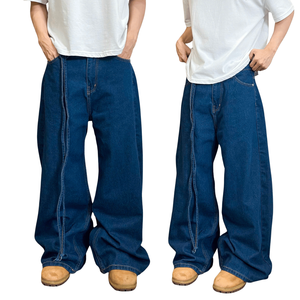 Vaqueros de mezclilla rectos y holgados personalizados para hombre con algodón orgánico, lavado desgastado, detalles de botones, estilo streetwear y decoración con cuerda. - Product Image 2