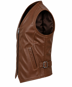 Men's <b>Brown</b> PU Leather Moto <b>Vest</b> V-Neck Zipper Closure Regular Fit Solid Color Outerwear - Product Image 3