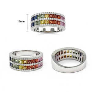 Bague de mariage haut de gamme en or blanc 18 carats avec saphirs et diamants pour femme, ornée de pierres colorées, large alliance pour soirée - Product Image 3