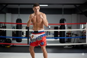 Pantalones Cortos de Muay Thai de Alta Gama con Bordado Personalizado y Parches Tejidos, Logotipo Frontal, 100% Poliéster, Secado Rápido y Transpirable - Product Image 5