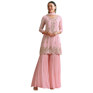 All'ingrosso Baby Pink Georgette Kurta Sharara vestito con Organza Dupatta Moti lavoro per la festa di nozze e su ordinazione di ordini etnici - Product Image 2