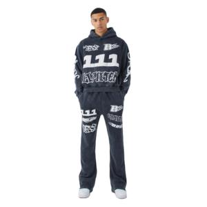 Conjunto de chándal de invierno de gran tamaño unisex Sudadera con capucha y pantalones de chándal detalle bordado - Product Image 6