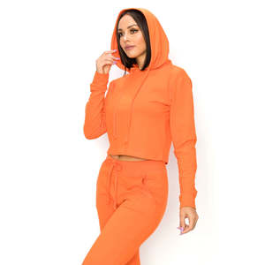 Verano nuevo estilo ligero pulóver Crop Top sudaderas con capucha mujeres Casual gimnasio deportes impreso Color sólido tejido tela corta corbata teñida - Product Image 5