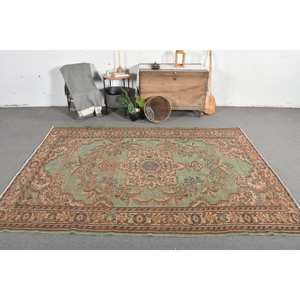 Vintage <b>Turkish</b> <b>Rug</b> Classic Green and Brown Style 6ft 2in X 9ft 1in Flat Weave for Living Room Decorations - Product Image 1