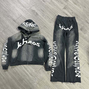 Custom Streetwear Distressed Acid Wash Hoodies Unisex Stacked Flared Sweat Pants Track Suits Zip up Hoodie <b>Tracksuit</b> - Product Image 5