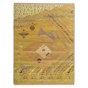 พรมขนสัตว์และไหมไผ่ขนาดใหญ่ลายเรขาคณิต 9x12 ฟุต รุ่นแมนชาฮ่า โกลด์ สำหรับห้องนั่งเล่นและทางเดินในบ้าน-Les-2675 - Product Image 1