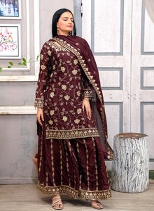 New Designer Heavy Pure Chinon Silk Long Pakistani Suit Fancy Style <b>Top</b> Sharara and Dupptta - Product Image 6