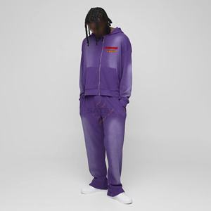 Conjunto Deportivo Personalizado con Cierre, Lavado Ácido, Estilo Desgastado con Parches, Capucha y Pantalones Acampanados, Informal de Invierno, Unisex, 100% Algodón, 2025 - Product Image 1