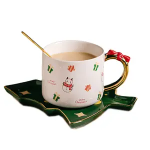 세라믹 크리스마스 선물 에스프레소 머그 세트 크리에이 티브 산타 클로스 커피 컵 귀여운 빨간 Bowknot 핸들 아름다운 음료 용기 선물