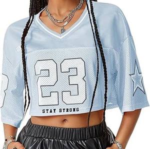 Camiseta de Fútbol Americano Lisa Barata al por Mayor para Mujer, Personalizada, Holgada, de Malla, con Hombros Caídos, Cuello en V, Manga Corta, 100% Poliéster - Product Image 1