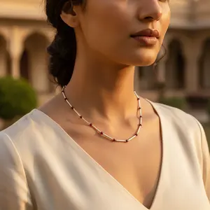 สร้อยคอทรงแท่งประดับลูกปัดเงิน ประดับพลอยสีแดง ชุบทองคำ 14K ชุบโรเดียม ลายเรขาคณิต ประดับเพชรทรงเจ้าหญิง ชุบทองคำสีโรสโกลด์ ทันสมัยสำหรับผู้หญิง - Product Image 1