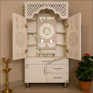 Elegante Templo Esquinero de Madera para Hogares Modernos, Madera de Teca Natural Personalizada, Almacenamiento Duradero e Impermeable, Rama Krishna Mandir - Product Image 2