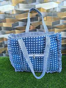 Hand Block Printed Cotton Quilted Fashion Bohemian Frill Tote Bag with Two Handles and Open Closure - Product Image 1