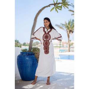 Vestido Kaftan Maxi Blanco Bordado para Mujer, Estilo Étnico Boho, Largo hasta el Suelo, Holgado, Ecológico, Cintura Natural, Algodón, Ropa de Resort - Product Image 4