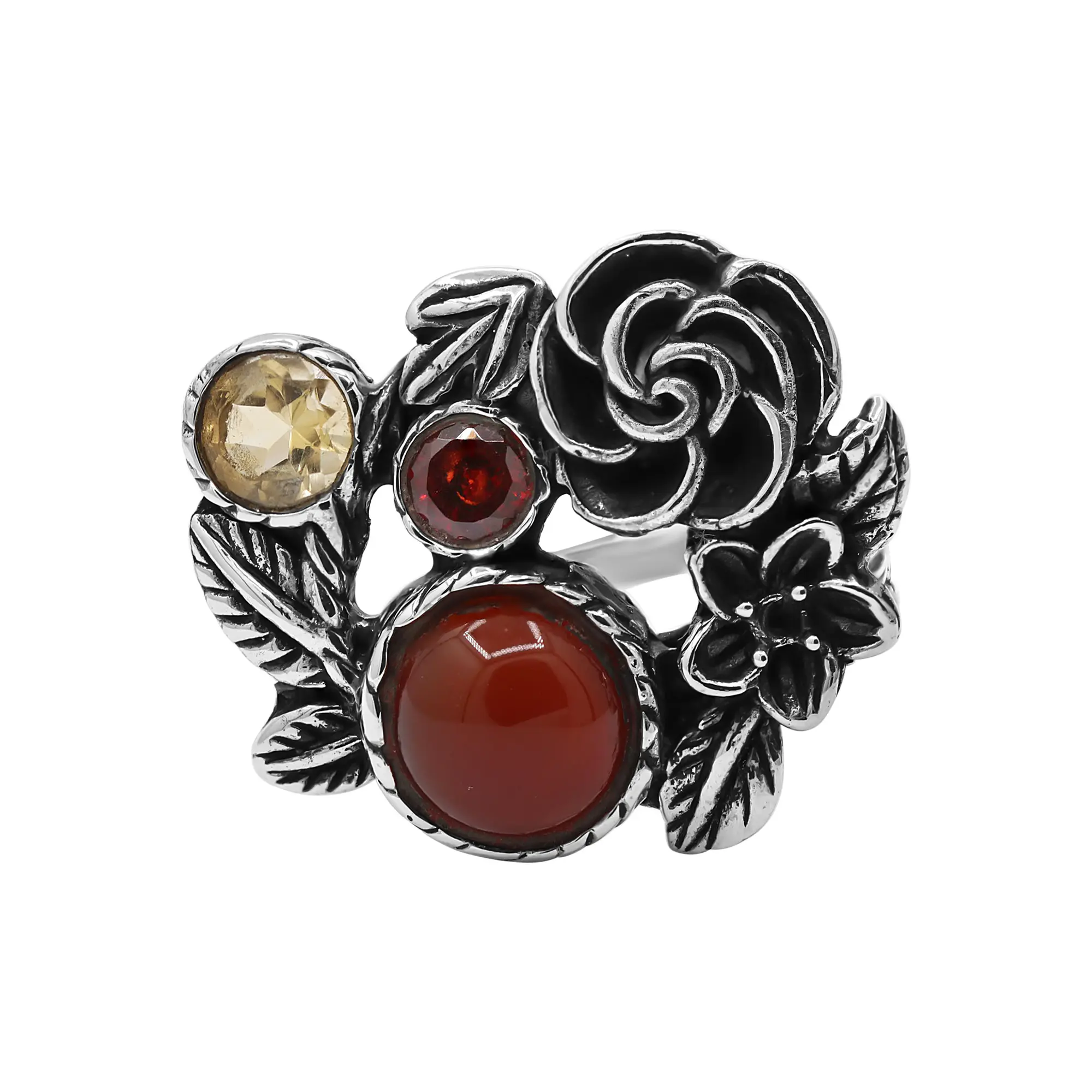 Hermoso anillo con forma de flor, Natural cornalina, granate y citrino, anillo de piedras preciosas para mujer, joyería gótica de Plata de Ley 925