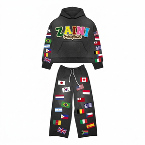Chándal de Invierno Personalizado de 350 GSM, 100% Algodón, Transpirable, con Parche de Chenilla Negra Bordada, Sudadera con Capucha y Pantalones, OEM ODM - Product Image 1