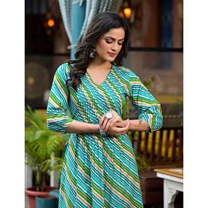 Kurti Droit en Coton Vert Lehariya pour Femme, Ensemble Salwar Ethnique Indien Imprimé à la Main, Tenue de Soirée Moderne, Dernière Collection Cousue - Product Image 3