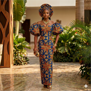 Vestido africano con estampado de cera en rosa y azul, con mangas abullonadas y pañuelo a juego para bodas y fiestas. - Product Image 4